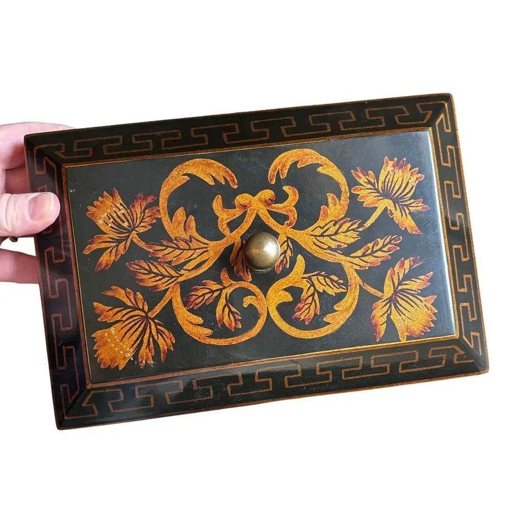 Ornate wooden jewelry box lift ff lid velvet tray black brown gold lacquer